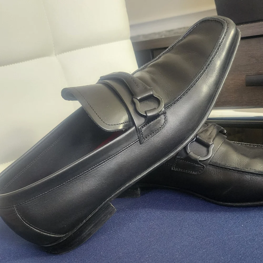 Salvatore Ferragamp Black Leather Men's Loafers, Size 10.